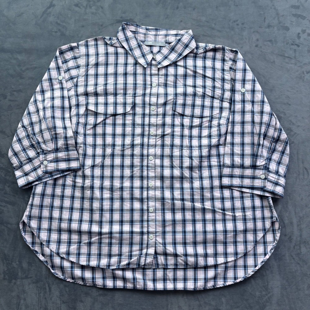 Lee Riders Womens 3X Plaid Button Down Shirt 3/4 Roll Tab Sleeve Pink Blue White